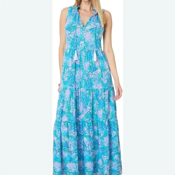 chinese dress ladies Lilly Pulitzer Hadly Smocked Cotton Maxi Amalfi Blue Leaf It Wild MD at  Amazon Women's Clothing store